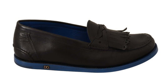 Dolce & Gabbana Black Leather Tassel Slip On Loafers Shoes