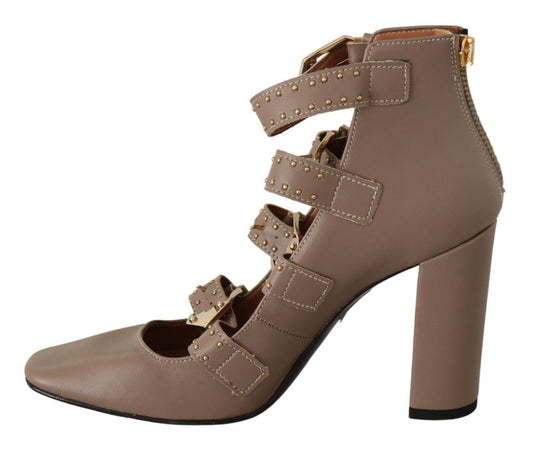 MY TWIN Brown Leather Block Heels Multi Buckle Pumps Shoes