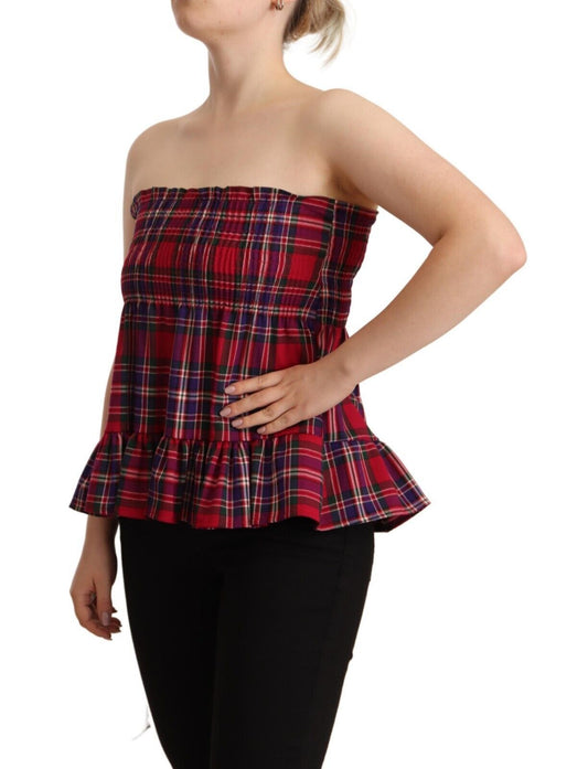 CAMPO DI FRAGOLE Red Blue Multicolor Plaid Strapless Top