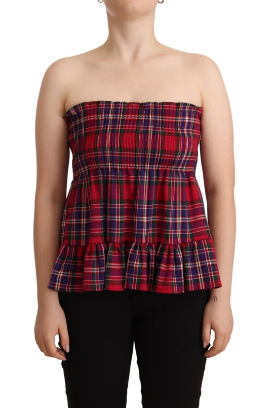 CAMPO DI FRAGOLE Red Blue Multicolor Plaid Strapless Top