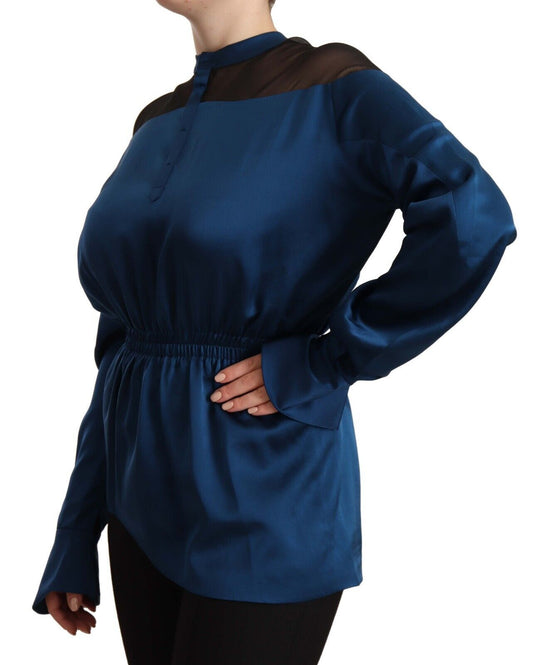 Masha Ma Blue Silk Long Sleeves Elastic Waist Top Blouse