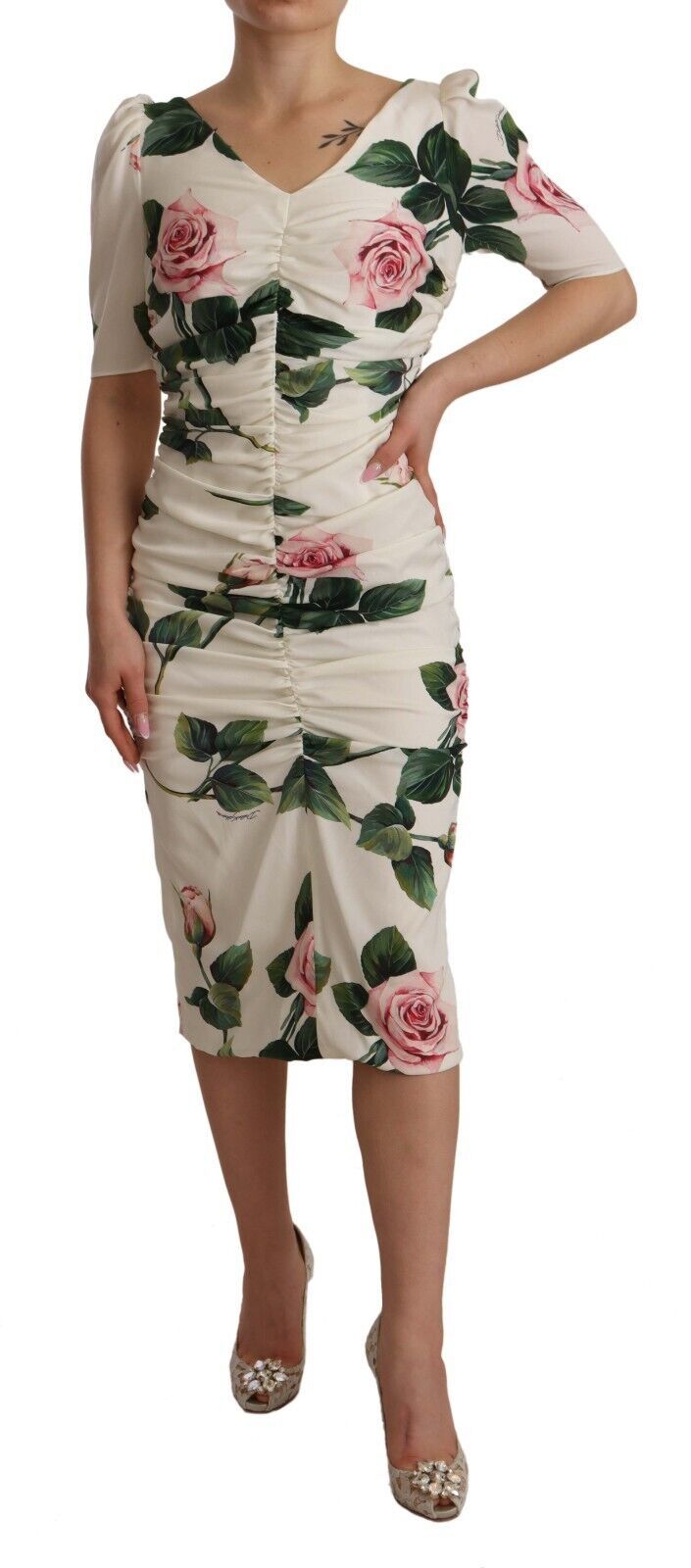 Dolce & Gabbana White Roses Print Stretch Silk Pleated Dress