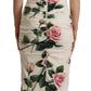 Dolce & Gabbana White Roses Print Stretch Silk Pleated Dress