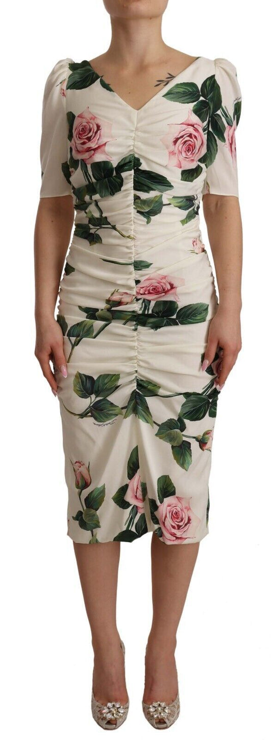 Dolce & Gabbana White Roses Print Stretch Silk Pleated Dress