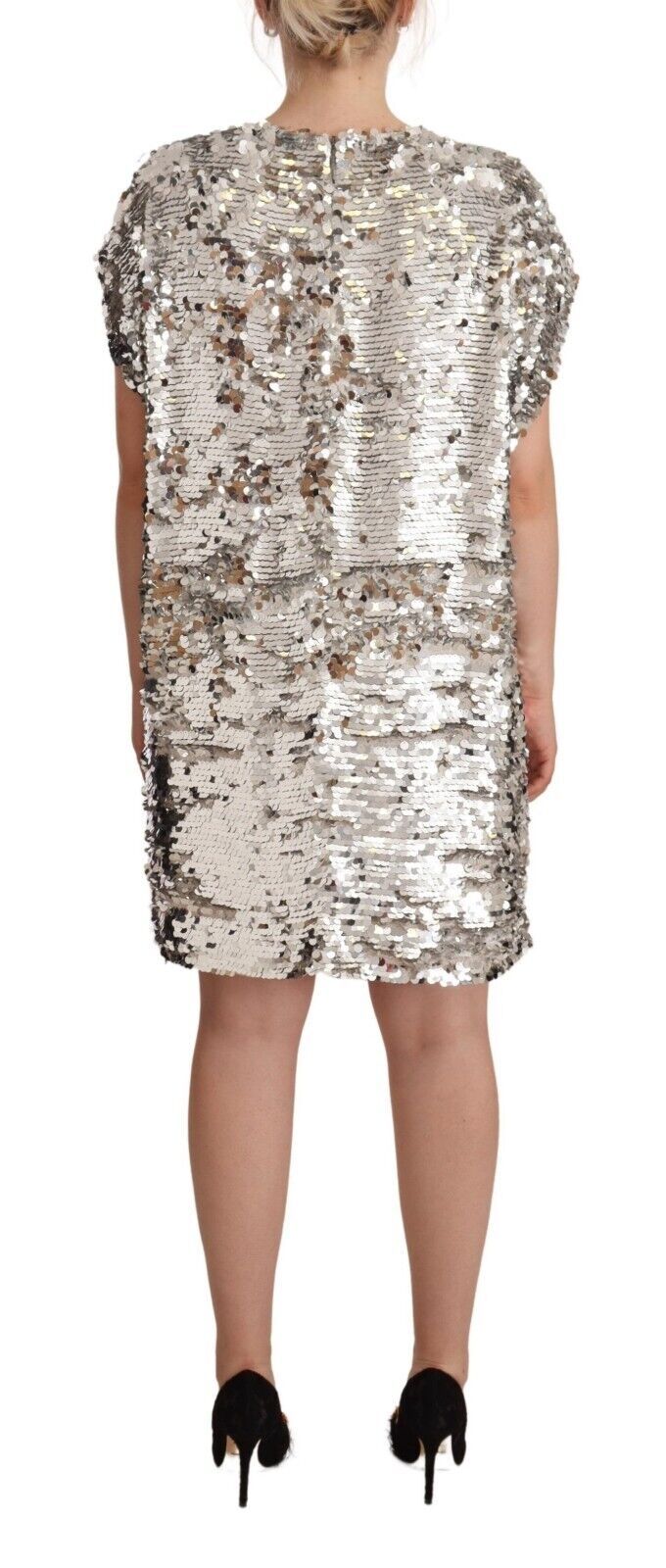 MSGM Silver Sequined Short Sleeves Shift Mini Dress