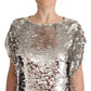 MSGM Silver Sequined Short Sleeves Shift Mini Dress