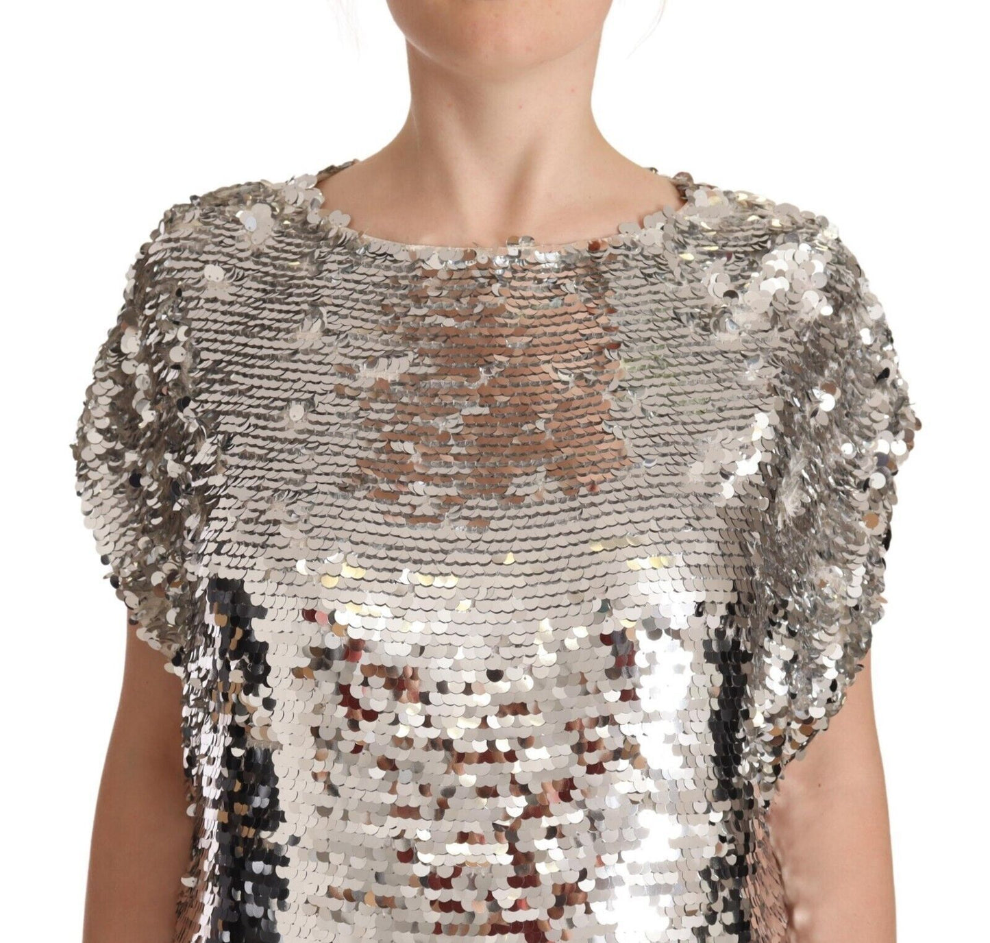 MSGM Silver Sequined Short Sleeves Shift Mini Dress