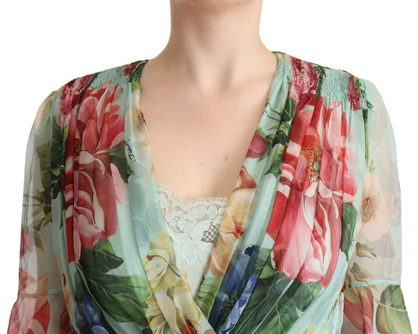 Dolce & Gabbana Green Floral V-neck Silk Dress