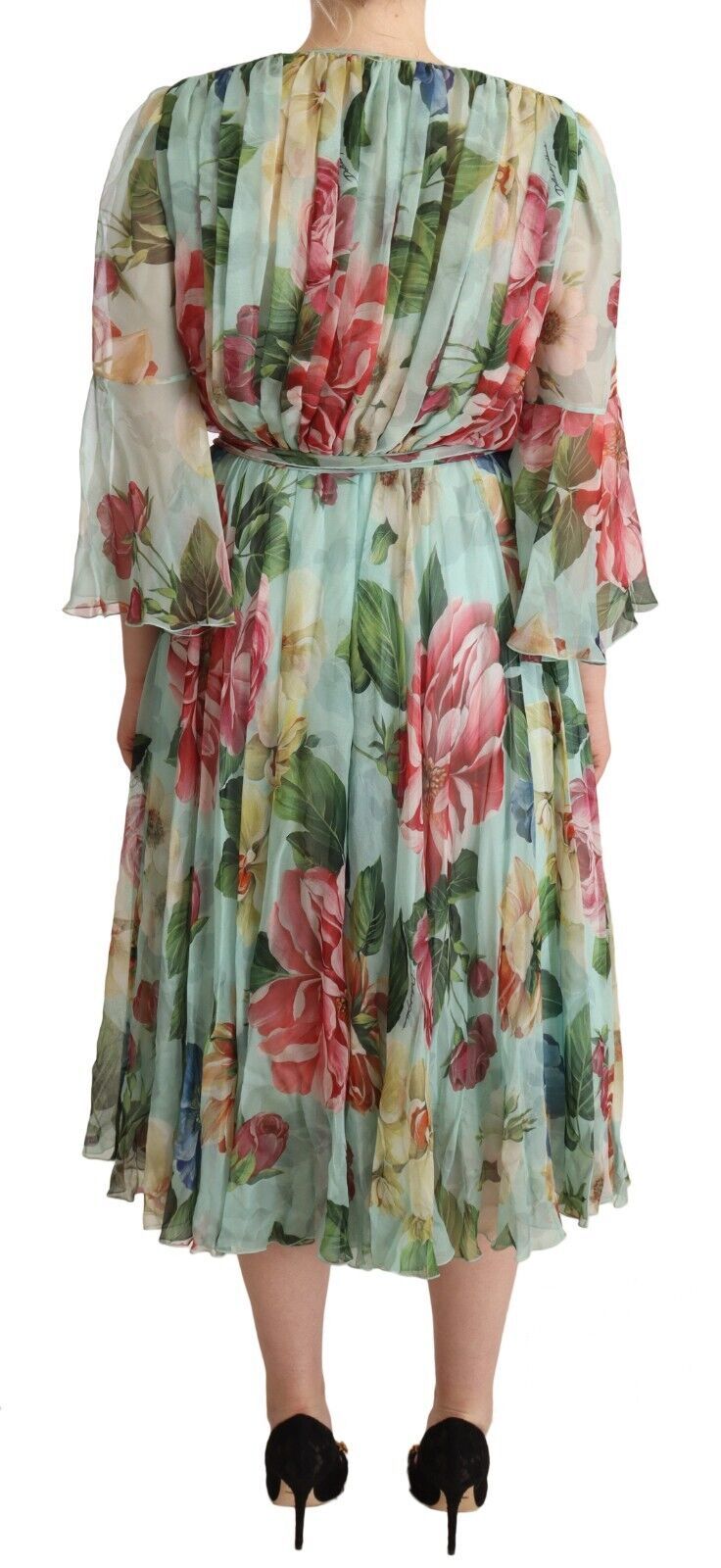 Dolce & Gabbana Green Floral V-neck Silk Dress