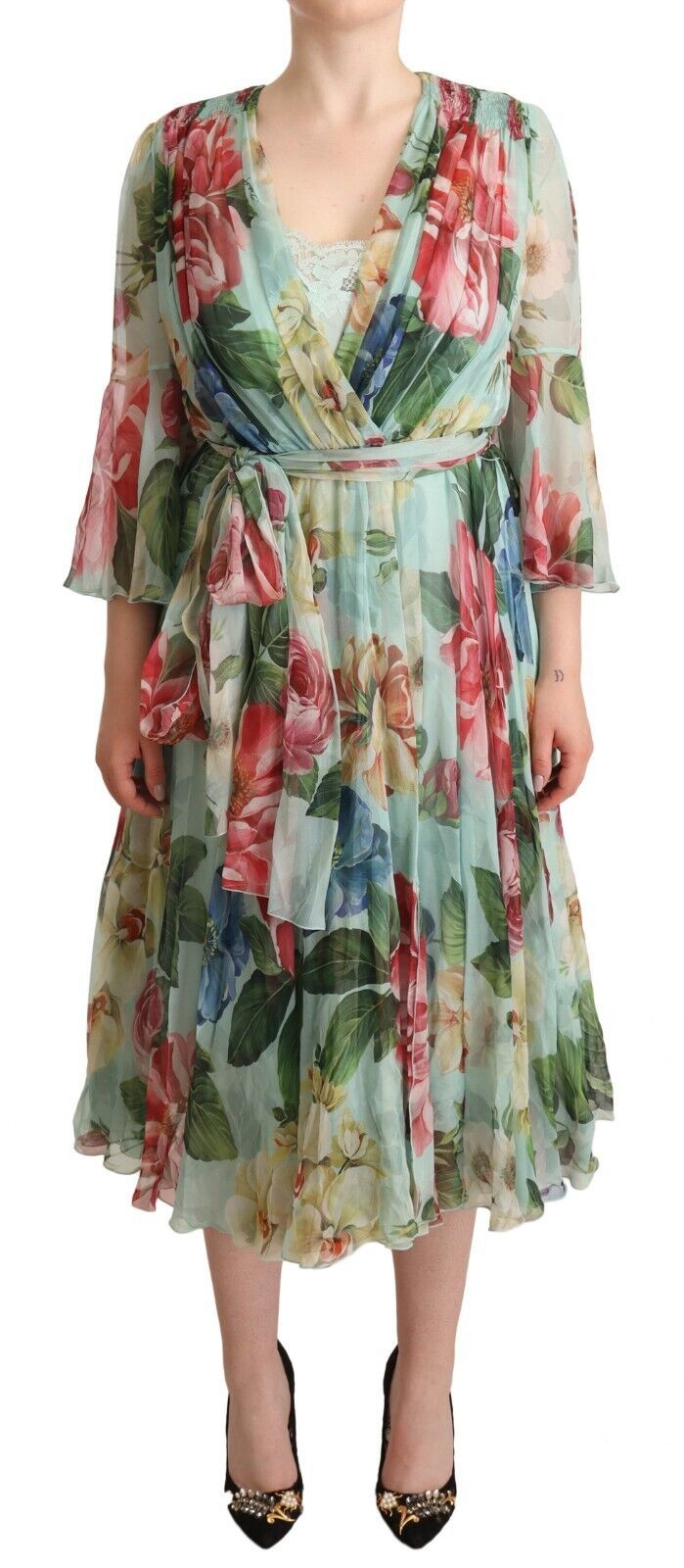 Dolce & Gabbana Green Floral V-neck Silk Dress