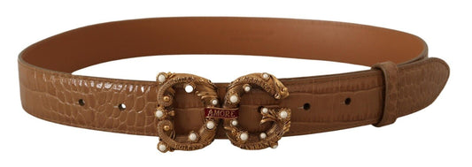 Dolce & Gabbana Brown Crocodile Pattern Leather Logo Amore  Belt