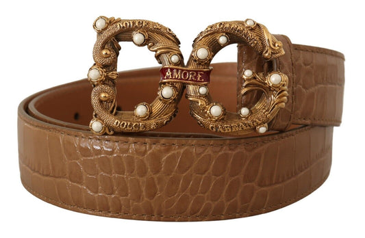 Dolce & Gabbana Brown Crocodile Pattern Leather Logo Amore  Belt