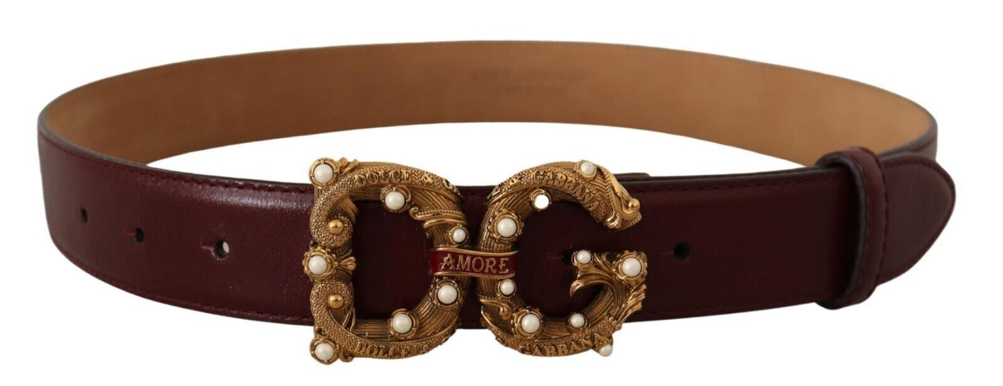 Dolce & Gabbana Bordeaux Leather Brass Logo Buckle Baroque Amore Belt