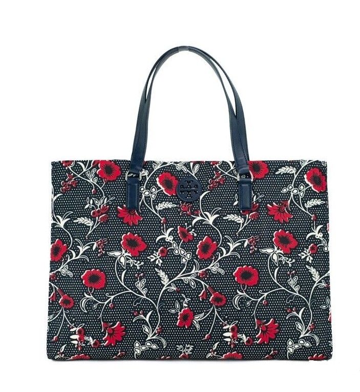 Tory Burch Navy Red Retro Batik Print Medium Tote Handbag