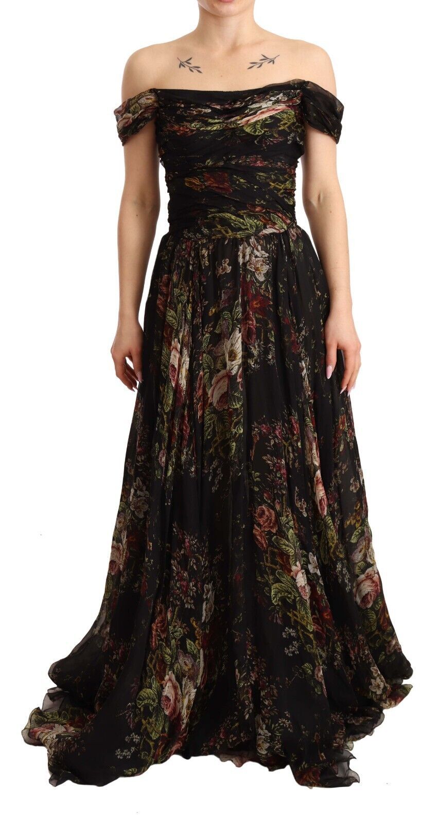 Dolce & Gabbana Black Multicolored Floral Off Shoulder Silk Dress