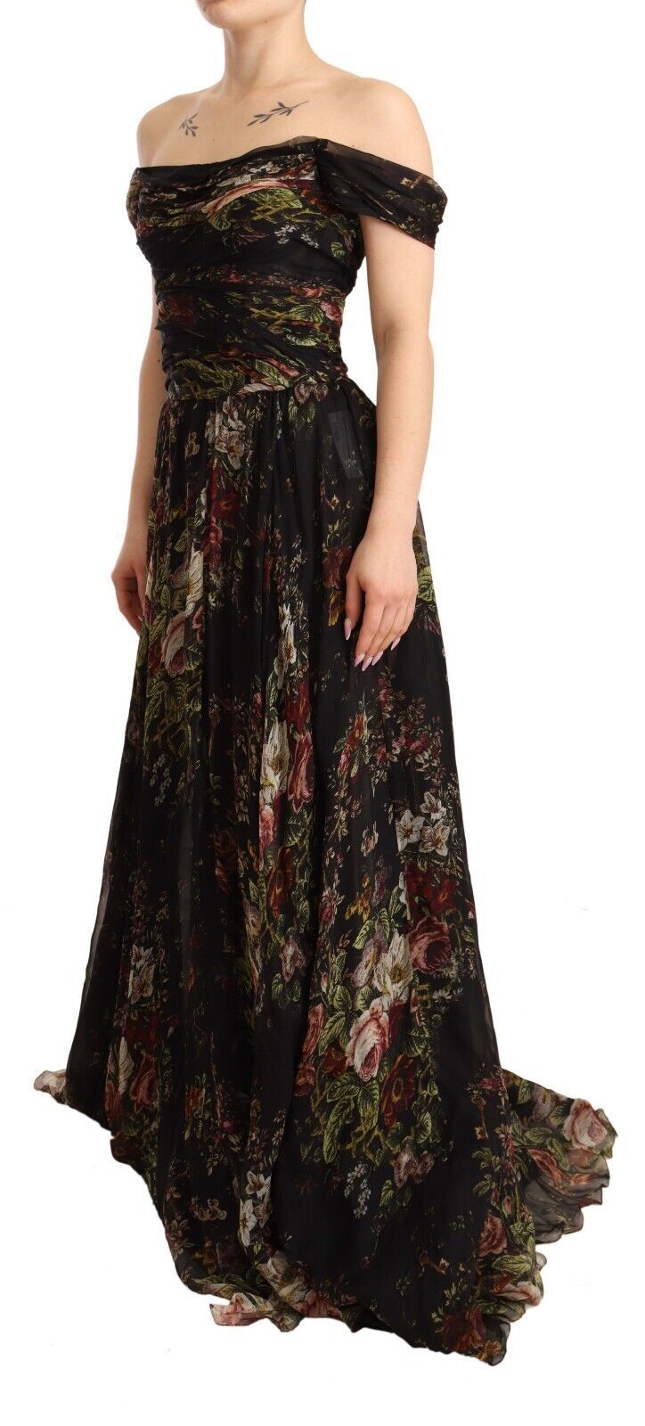 Dolce & Gabbana Black Multicolored Floral Off Shoulder Silk Dress