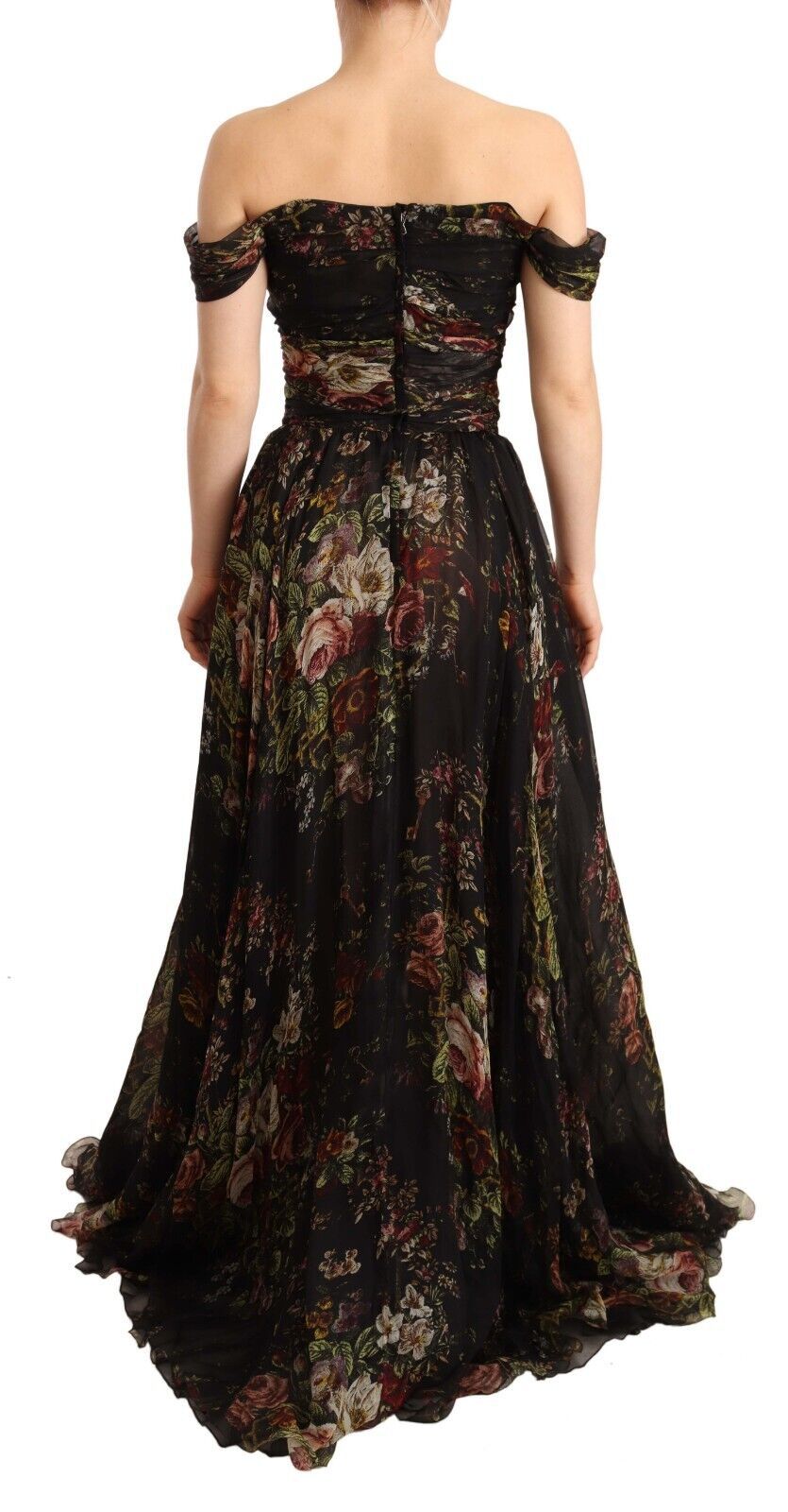 Dolce & Gabbana Black Multicolored Floral Off Shoulder Silk Dress