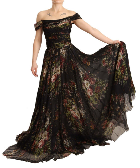 Dolce & Gabbana Black Multicolored Floral Off Shoulder Silk Dress