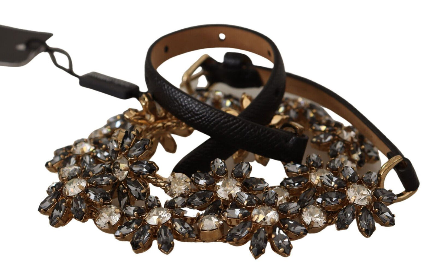 Dolce & Gabbana Black Daisy Crystal Dauphine Texture Belt