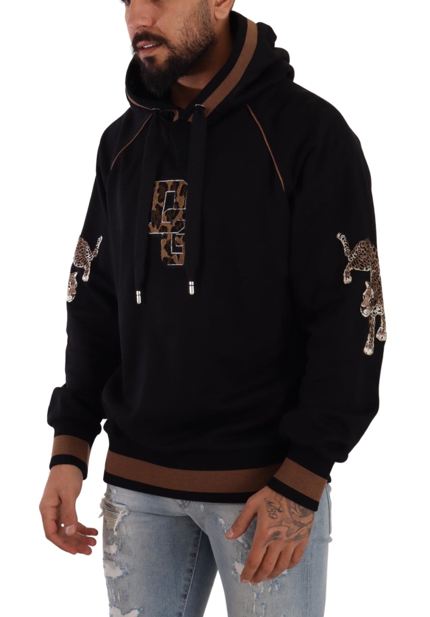 Dolce & Gabbana Black Brown Leopard Cotton Hooded Pullover Sweater