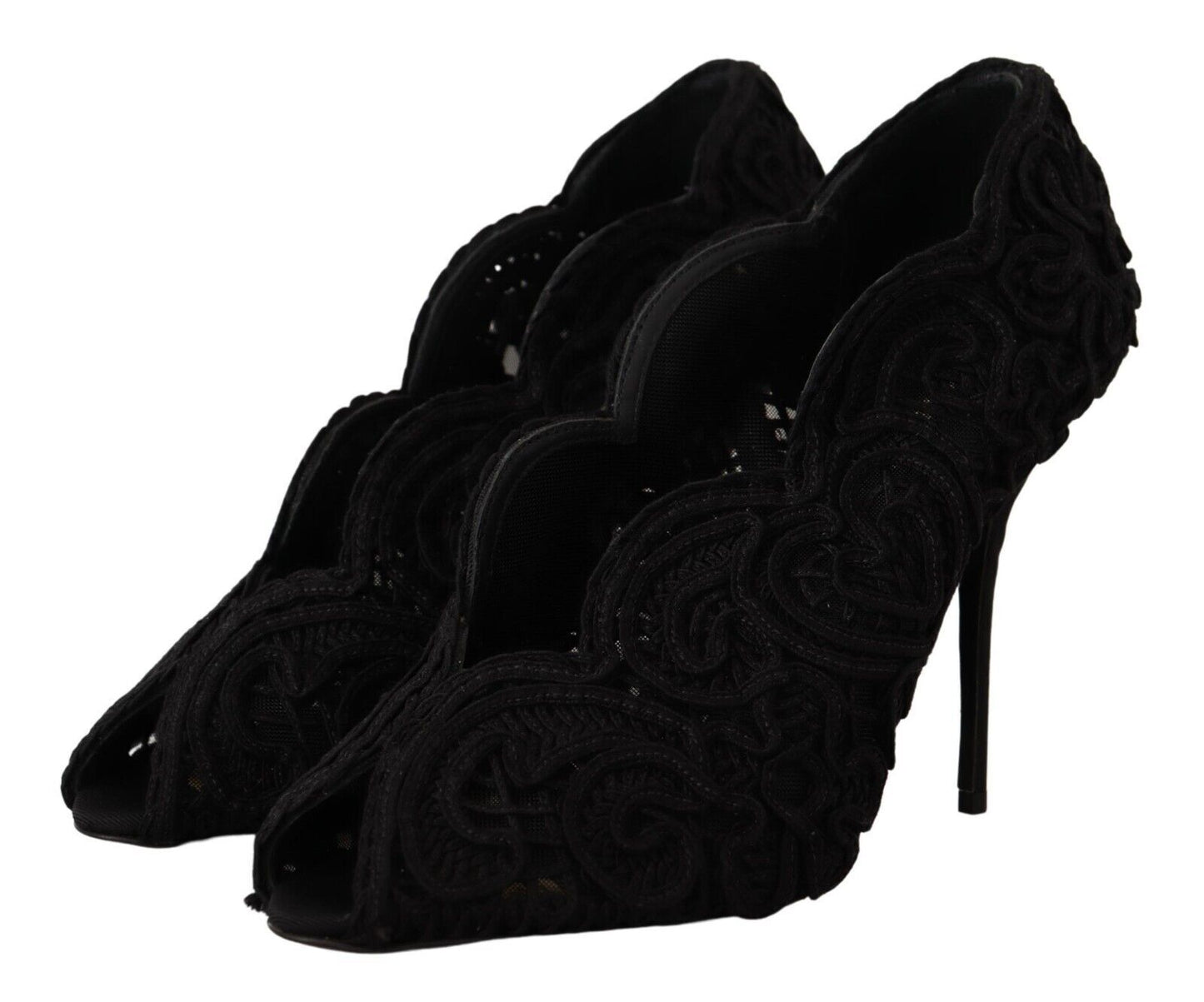 Dolce & Gabbana Black Cordonetto Ricamo Pump Open Toe Shoes