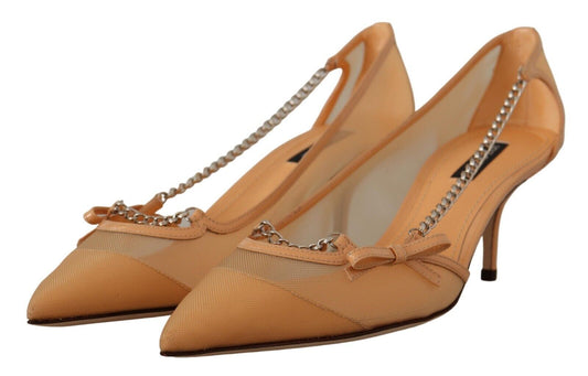 Dolce & Gabbana Peach Mesh Leather Chains Heels Pumps Shoes