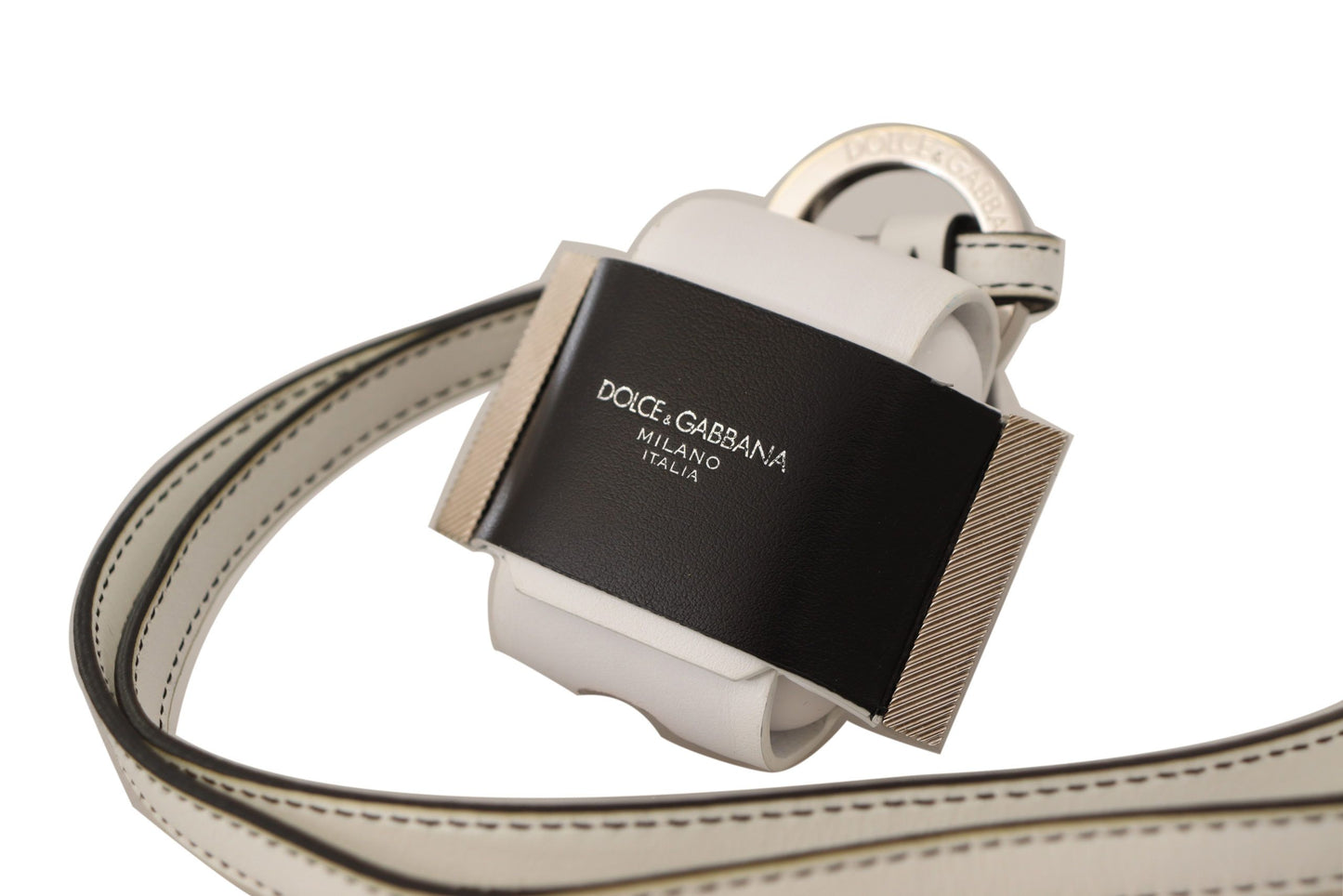 Dolce & Gabbana White Black Leather Strap Silver Metal Logo Airpods Case