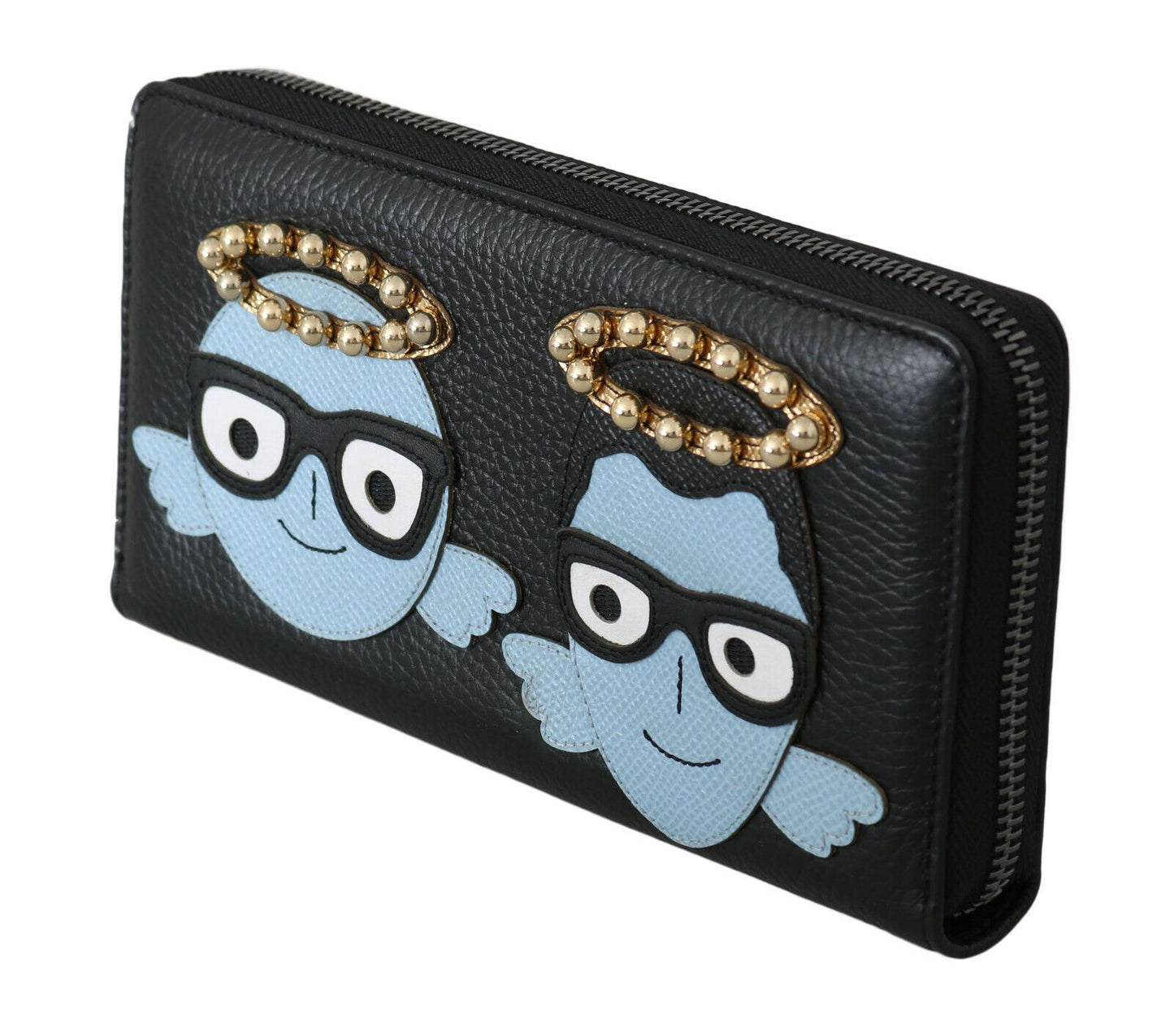 Dolce & Gabbana Black Blue Leather #DGFAMILY Zipper Continental Wallet