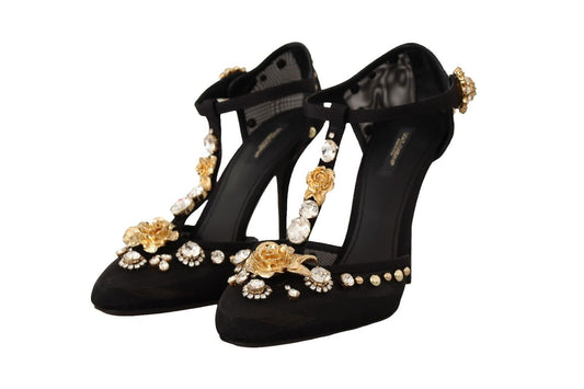 Dolce & Gabbana Black Mesh Crystals T-strap Heels