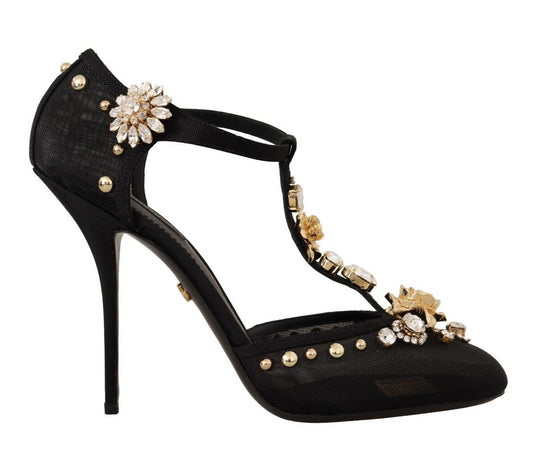 Dolce & Gabbana Black Mesh Crystals T-strap Heels