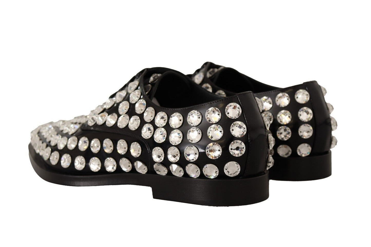 Dolce & Gabbana Black Leather Crystals Lace Up Formal Shoes