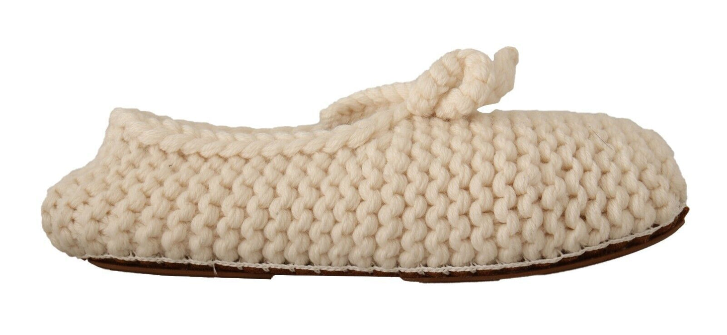 Dolce & Gabbana White Slip On Ballerina Flats Wool Knit Shoes