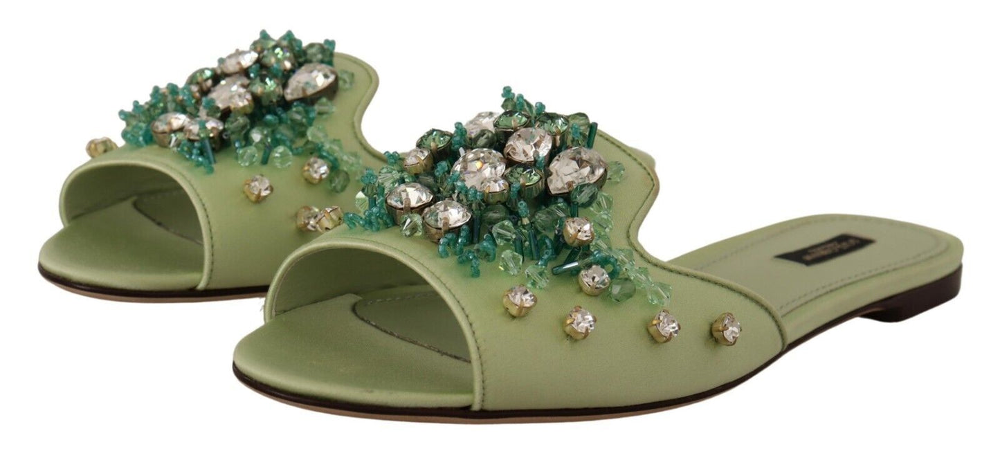 Dolce & Gabbana Green Leather Crystals Slides Women Flats Shoes