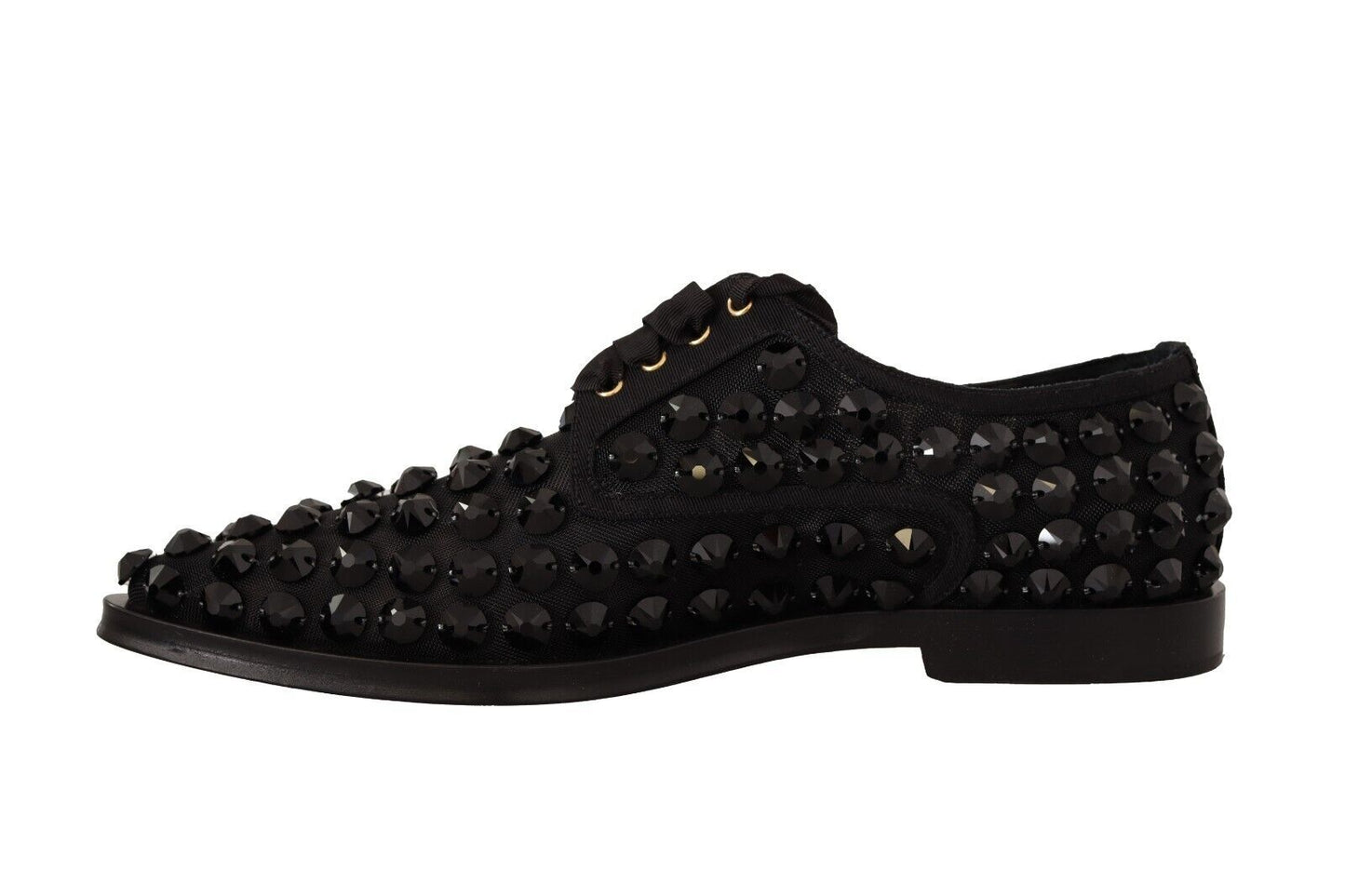 Dolce & Gabbana Black Lace Up Studded Formal Flats Shoes