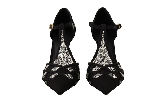 Dolce & Gabbana Black Crystals T-strap Heels Pumps Shoes