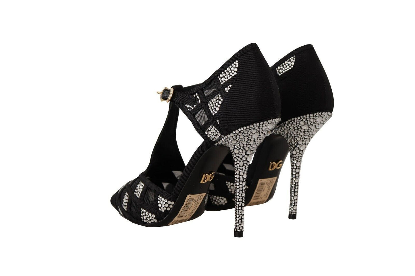 Dolce & Gabbana Black Crystals T-strap Heels Pumps Shoes