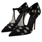 Dolce & Gabbana Black Crystals T-strap Heels Pumps Shoes