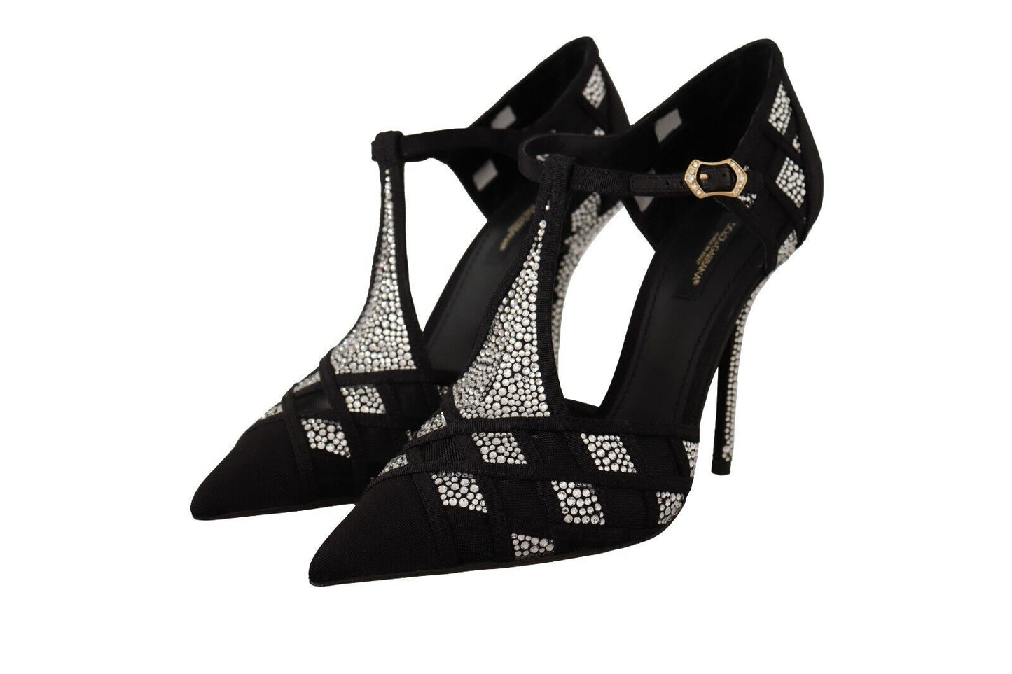 Dolce & Gabbana Black Crystals T-strap Heels Pumps Shoes