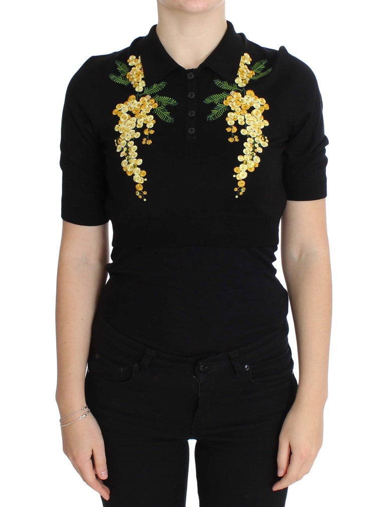 Dolce & Gabbana Black Silk Floral Embroidered Polo Top