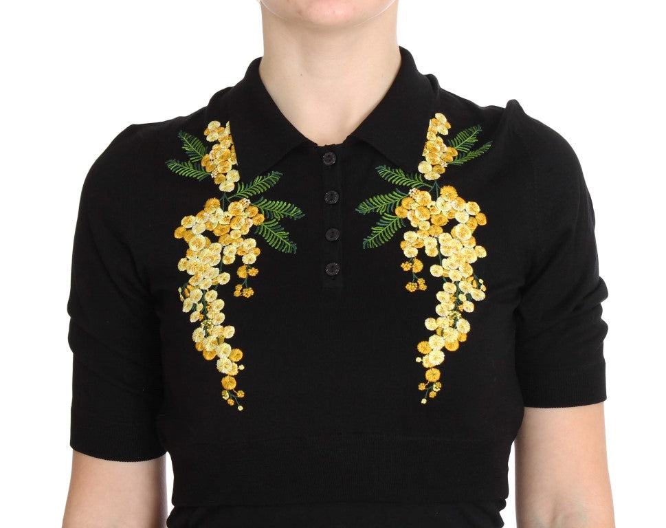 Dolce & Gabbana Black Silk Floral Embroidered Polo Top