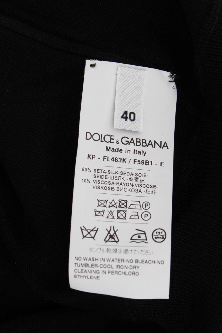 Dolce & Gabbana Black Silk Floral Embroidered Polo Top