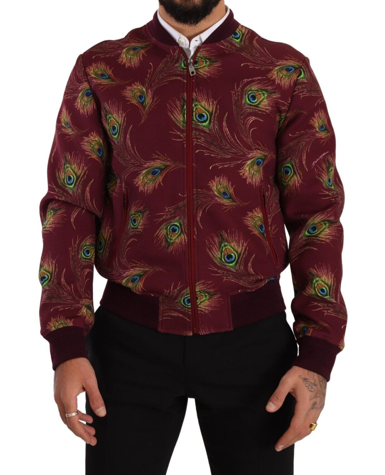 Dolce & Gabbana Red Peacock Stretch Bomber Jacket