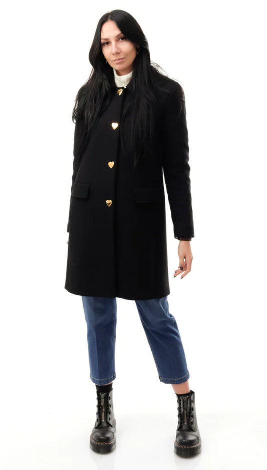 Love Moschino Elegant Black Wool Coat with Heart Buttons