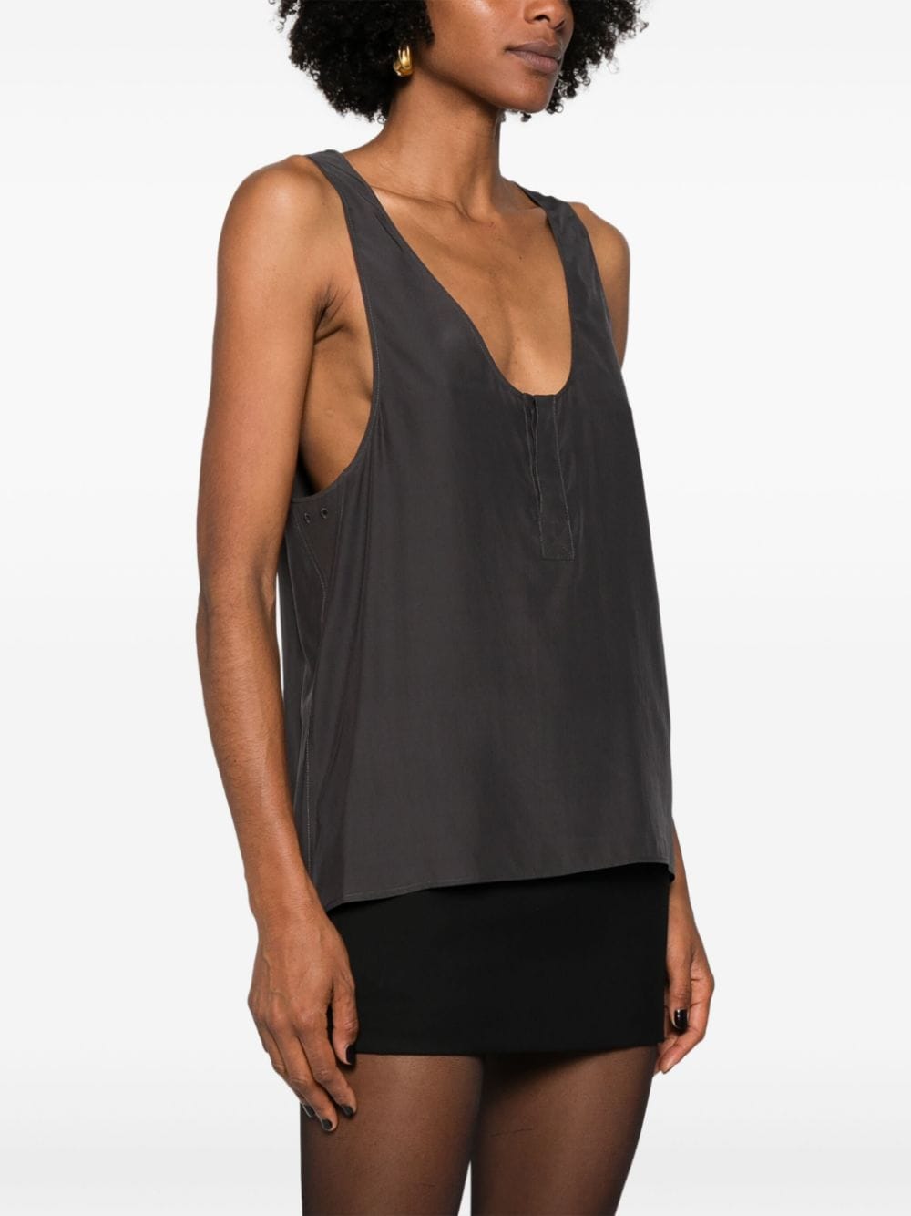 Saint Laurent Dark Grey Silk Sleeveless Henley Top