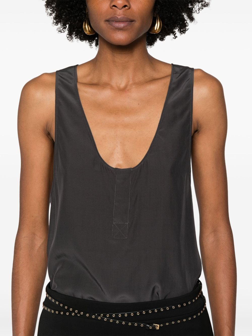 Saint Laurent Dark Grey Silk Sleeveless Henley Top