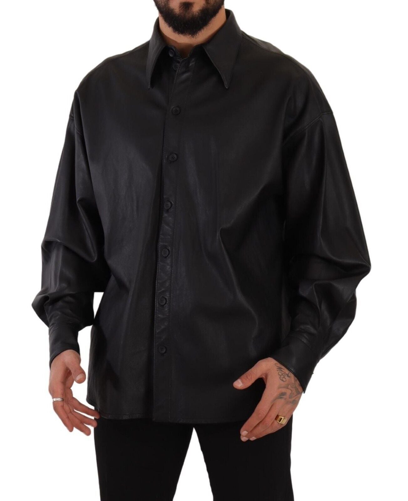 Dolce & Gabbana Black Leather Button Down Shirt