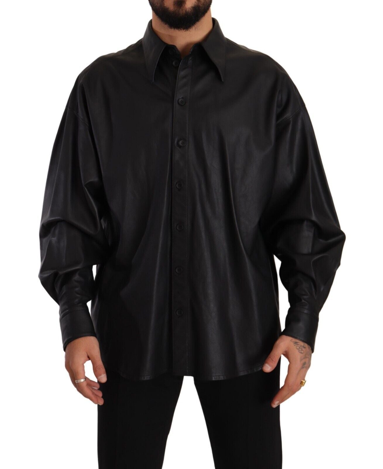 Dolce & Gabbana Black Leather Button Down Shirt