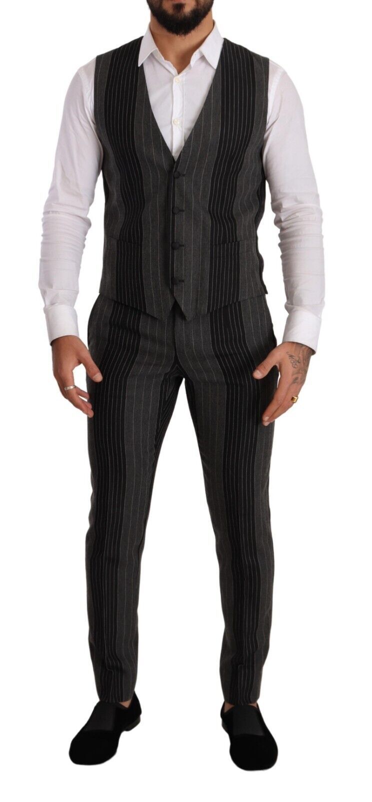 Dolce & Gabbana Black Gray Striped Slim Fit 3 Piece Suit