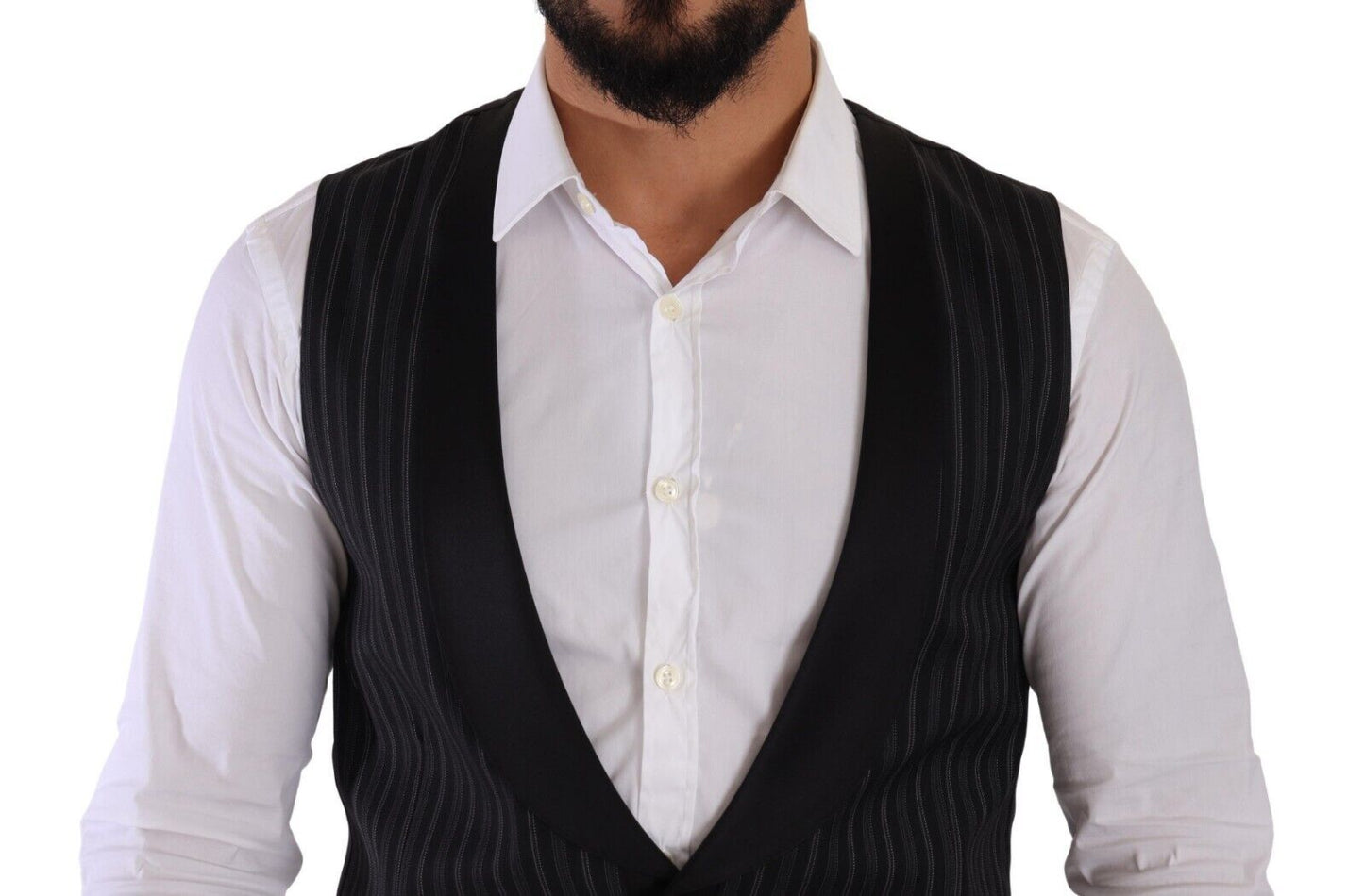 Dolce & Gabbana Black Striped Wool Silk Waistcoat Vest