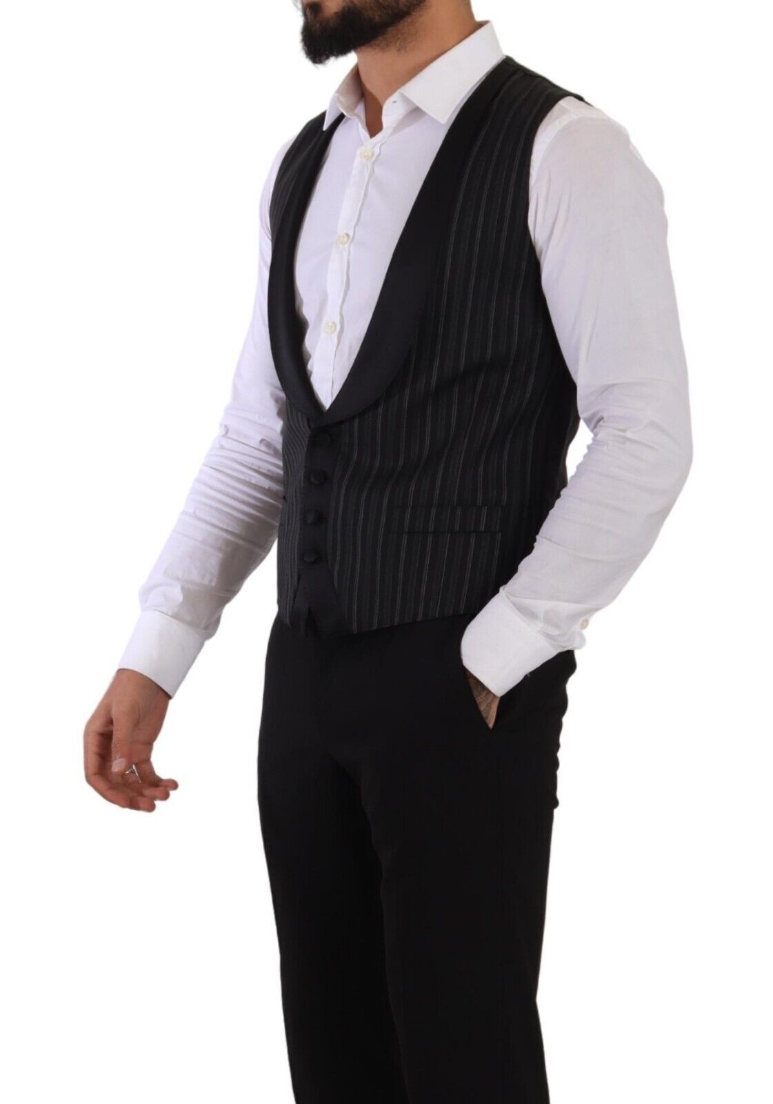 Dolce & Gabbana Black Striped Wool Silk Waistcoat Vest